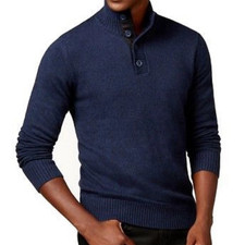Sean John Men's Twist-Yarn Button-Neck Pullover Sweater, Navy Blue