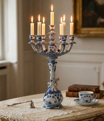 Royal Copenhagen Blau-Weiß Porzellan-Leuchter 5-armig Blumen MPN 1006