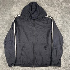 Vintage Adidas Windbreaker Jacket Mens L Black White 3-Stripe Hood Full Zip Mesh