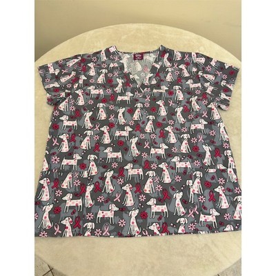DIVINE CURVES Womens Scrub Top 2XL Gray Dog & Pink Ribbon Print V-Neck