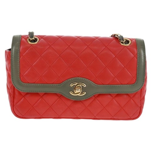 Chanel Two Tone Flap Bag Quilted Lambskin Red Leather Shoulder Bag