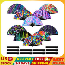 10 Pcs UV Glow Large Rave Hand Folding Fan with Bamboo Ribs and Case Craft Rave