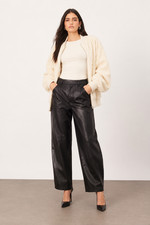 Handmade Genuine Lambskin Leather Wide Leg Pants Women Black High Waist Trousers