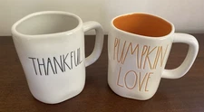 Rae Dunn Mugs Thankful & Pumpkin Love Orange Thanksgiving Fall Magenta Artisan
