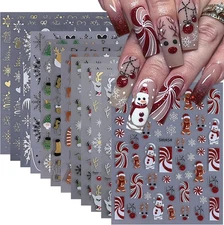 Christmas Red Nail Stickers Decals 12PCS Santa Claus Winter Snowflakes 3D Nail A