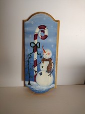 Hand Painted  SIGNED "Sue 2011" Snowman Wood Wall Plaque Christmas Decor 14"x 6"