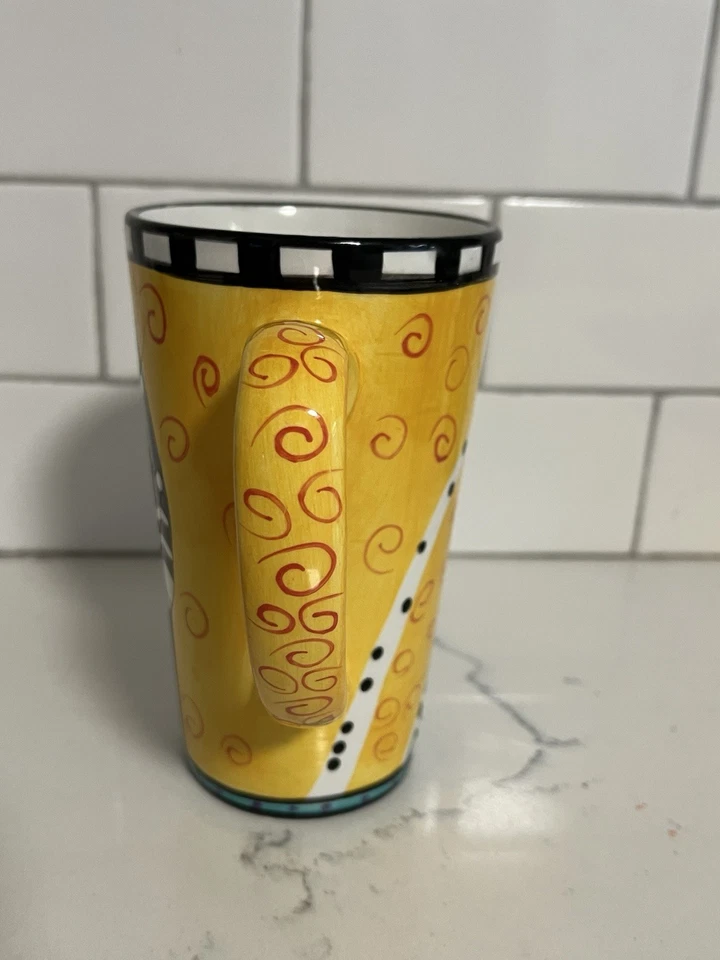Taza de té café Laurel Burch alta vintage años 90 gato negro 16 oz fondo amarillo Foto 4 de 4
