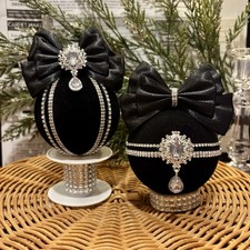 Set Of 2 Black Flocked Velvet Holiday Christmas Ornaments Balls Silver Handmade
