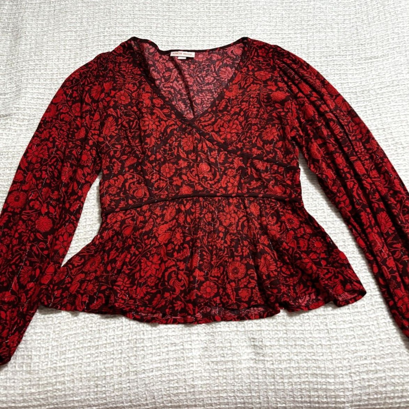 Knox Rose Floral Peplum Blouse Red M Boho Long Sleeve VNeck Romantic Fairygrunge