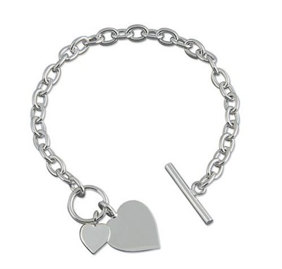 Sterling Silber Designer Stil Armband Doppel Herz Anhänger mit Stab Ring Verschluss
