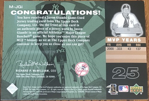 2002 UD Piece Of History MVP Club Jersey Jason Giambi M-JGi New York Yankees - Picture 2 of 2