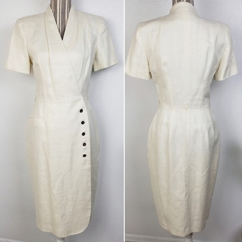 Vintage Kay Unger Kleid 100% Leinen Midi Wickel Bleistift Gr. 8 Kurzarm Elfenbein