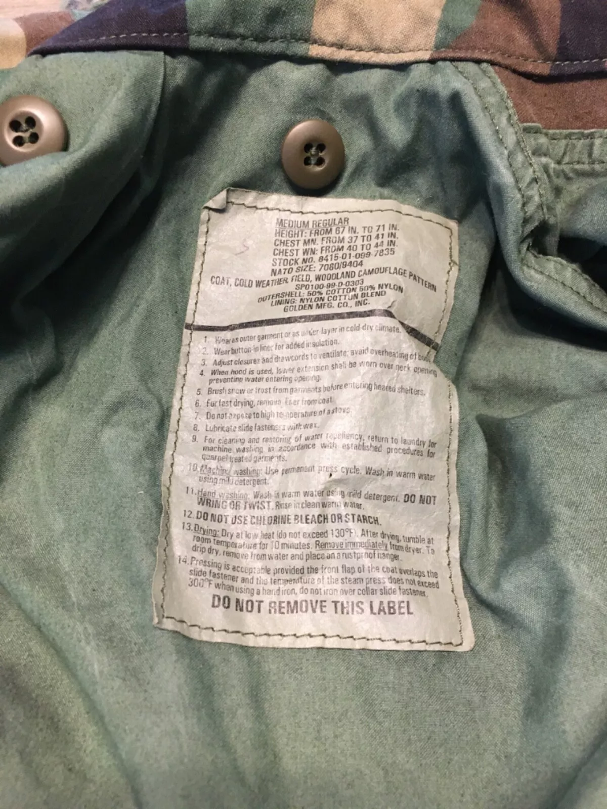 golden-mfg cold weather woodland camouflage camo vtg jacket