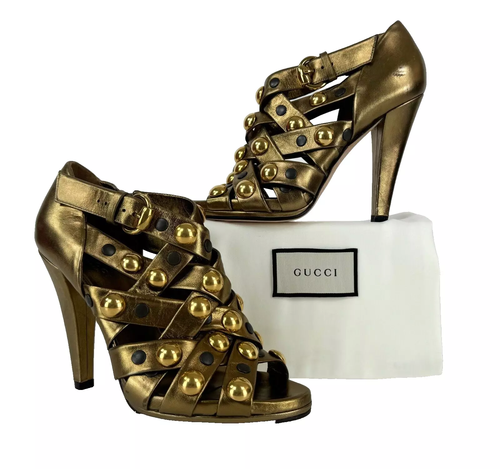 Sandales à talons Gucci neuves Mis Match 6,5 7,5 US 36,5 EU cuir clouté doré