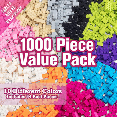 Building Block Friends Pastel Bricks- 1000 Pcs Bulk Set-10 Colors with 27 Roof P