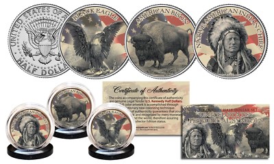 USA HISTORICAL SYMBOLS JFK Half Dollar 3-Coin Set BLACK EAGLE INDIAN CHIEF BISON