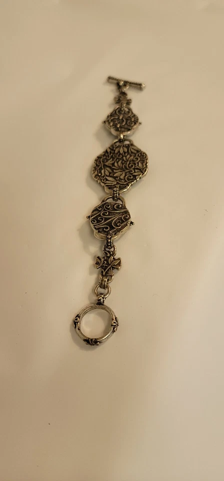 Antique Silver and Black Cabochon Lucky Brand Bracelet with One Green Gem Stone - Изображение 2 из 4