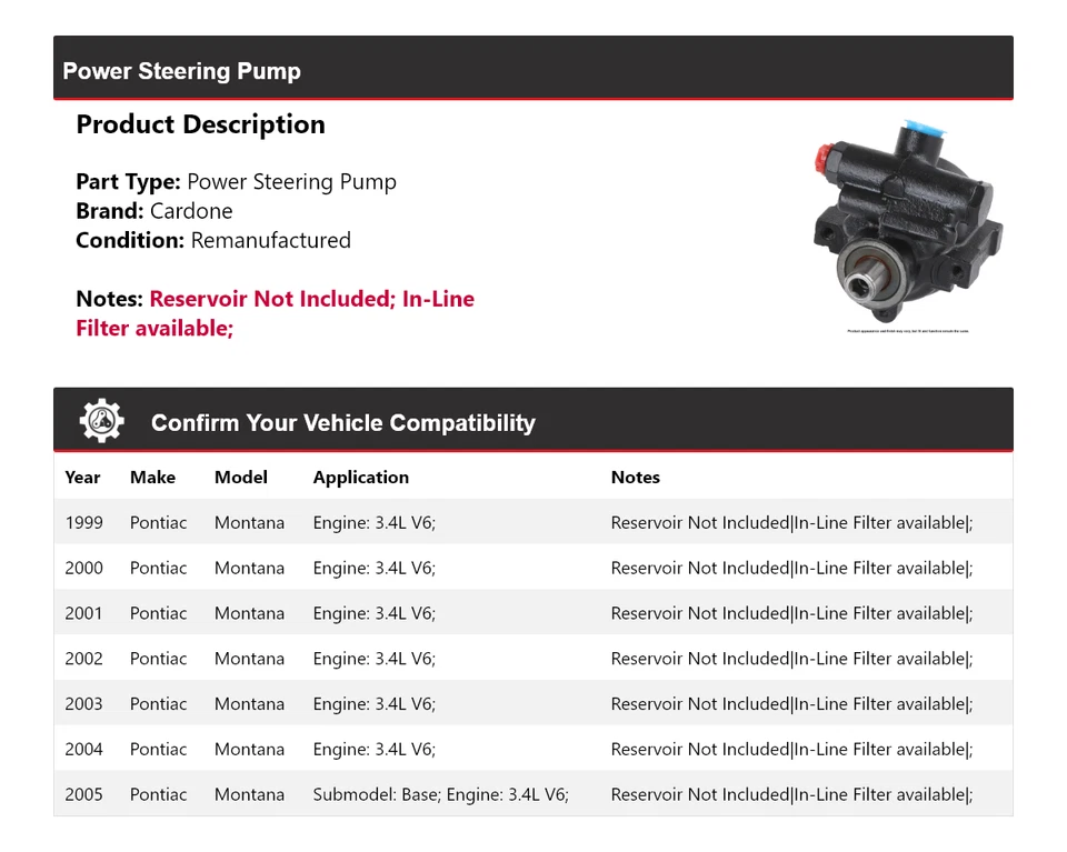 Bomba de dirección asistida Cardone 2000 2001 2002 para Pontiac Montana 1999-2005 3,4 L V6 Foto 2 de 4