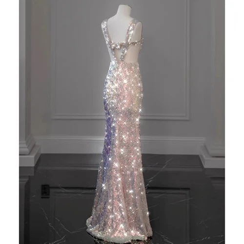 Mermaid Prom Dresses Pink With Detachable Bow Sequins Formal Party Prom Gown - Picture 3 of 8