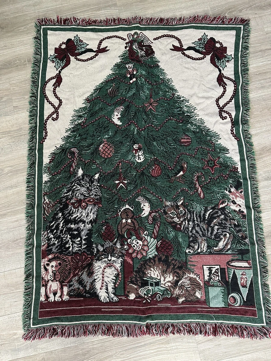 Christmas Throw Woven Tapestry Vintage Christmas Tree Ornaments Cats 63 x45