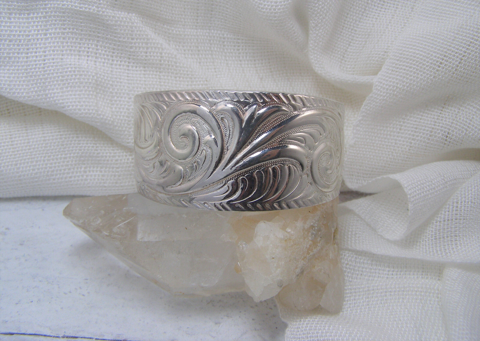 Sterling Silver Embossed Scroll Leaf Cuff Bracele… - image 1