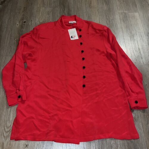 Women’s Top 100% Silk Tunic Blouse Size 16 Red W/ Black Buttons Long Sleeve NEW