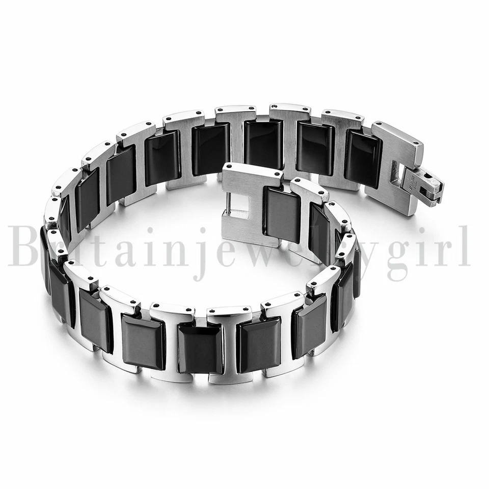 Pulsera de cerámica de acero inoxidable pesado de 8,46" para hombre cadena de eslabones pulsera negra Foto 2 de 4