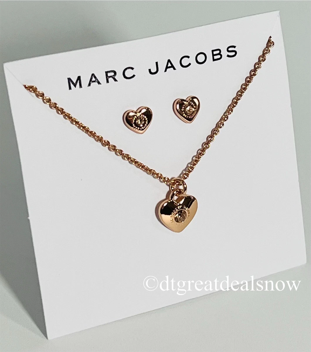 Marc Jacobs Heart Stud Earrings Necklace with Pendent Set Rose Gold Tone Crystal