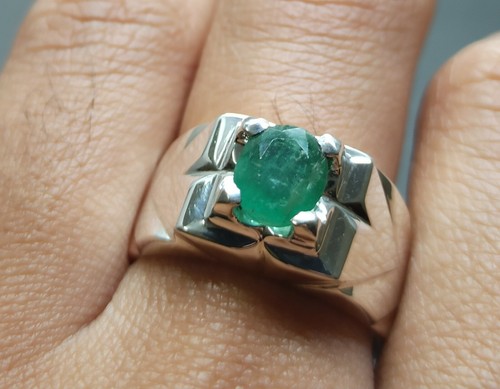 Natural 2 Carat Rich Green Zambian Emerald Sterling Silver 925 Handmade Men Ring - Picture 6 of 12