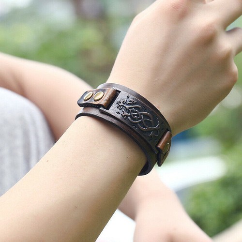 Mens Viking Wide Leather Bracelet Wristband Punk Alloy Bangle Adjustable Gift - Picture 3 of 18