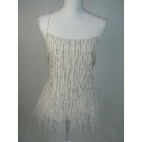 $298 LAUREN Ralph Lauren Pearl Beaded Sequin Ivory Feather Top Blouse 8 NWT R472 - Picture 2 of 6