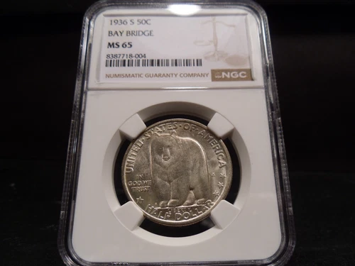1936-S MS65 Bay Bridge Silver Commemorative NGC Certified Gem - White/Faint Gold