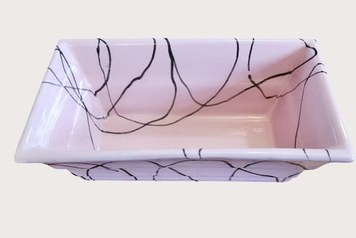 Vintage Hull USA F1 Pink Planter W/ Black String Drizzle Detail MCM 8.5" Long