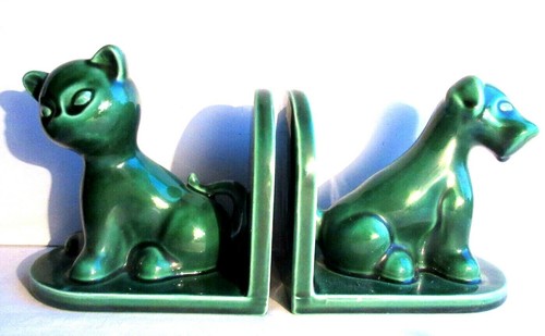 Serre Livres Art Deco En Ceramique Verte Chien Et Chat Sur Terrasse Ebay