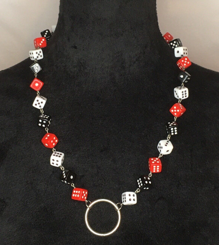 Handmaded Necklace Plastic Dice Beads on Stainless Steel 24" Red Black White