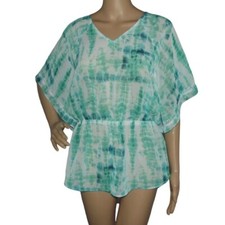 a.n.a. Blouse Medium peasant top short sleeve elastic waist v-neck green tie dye