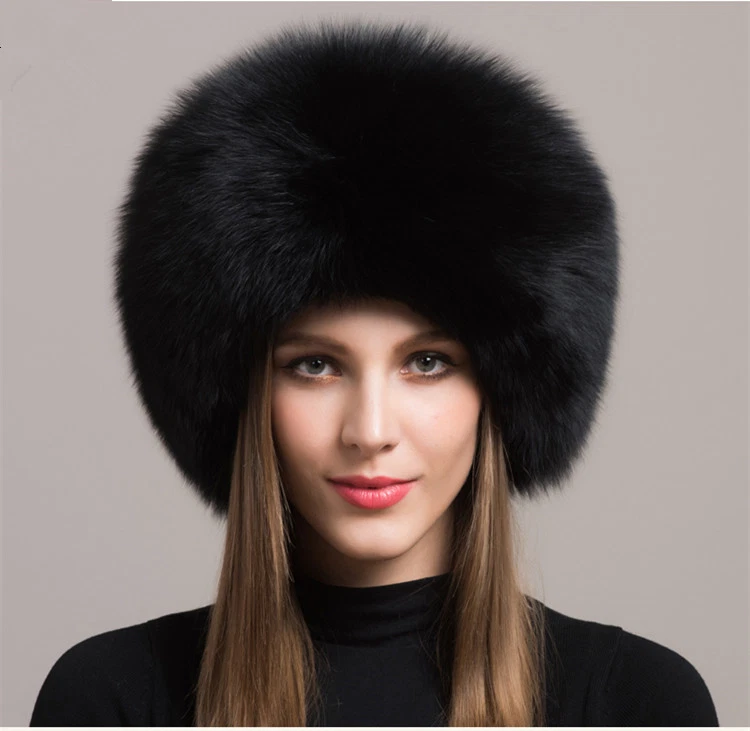 Womens Real Fox Fur Hat Russian Winter Warmer Ear Cap Ushanka Cossack Ski Black