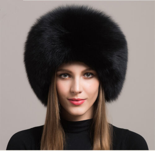 Womens Real Fox Fur Hat Russian Winter Warmer Ear Cap Ushanka Cossack Ski Black - Picture 1 of 3