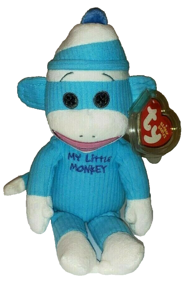 Ty MY LITTLE Sock MONKEY BLUE (Boy) Beanie Baby MWMTs Plush