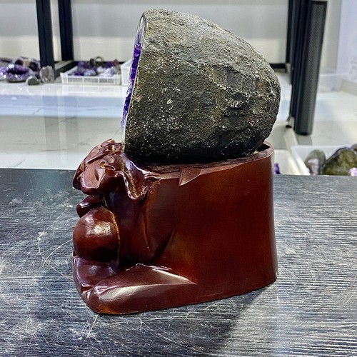 6.09LB Uruguay Natural Amethyst Money Bag Cave Decoration+Bracket - Picture 13 of 15