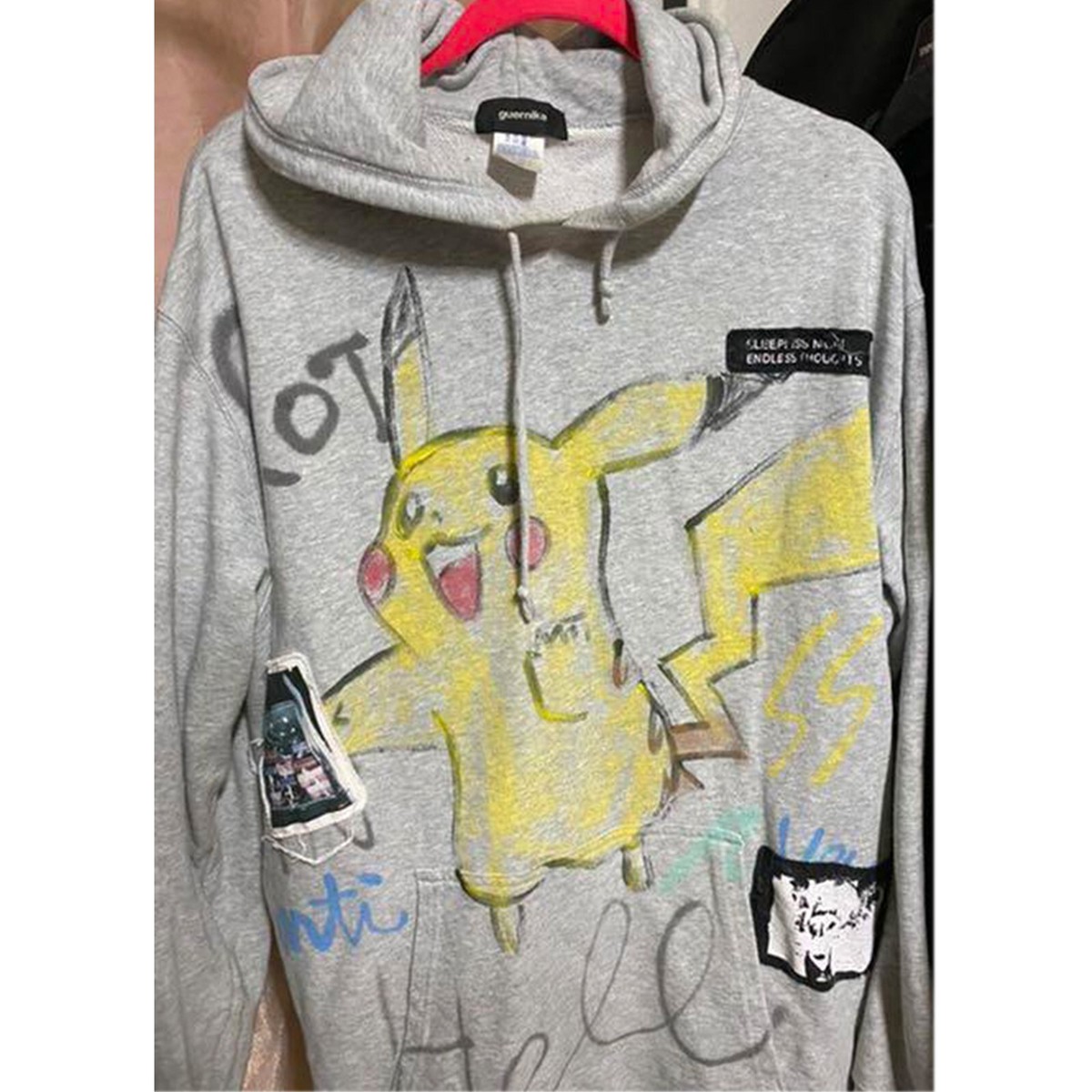 guernika Pokémon Pikachu Hand Painted Pullover Hoodie Gray XL