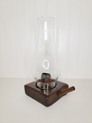 Vtg Primitive Square Wood Candle Holder Clear Glass Hurricane Chimney Peg Handle