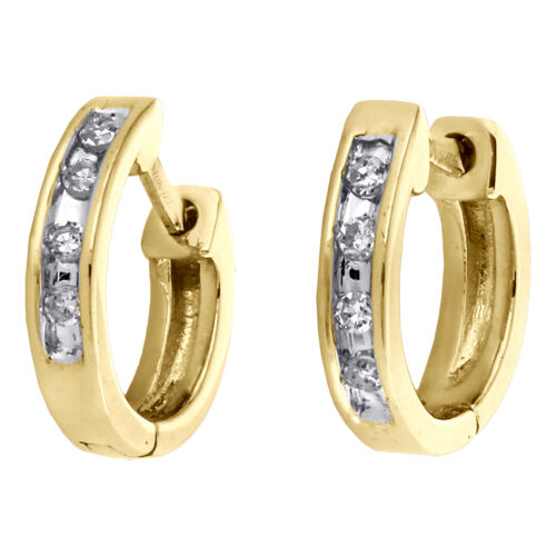 10K Yellow Gold Round Channel Set Diamond Mini Hinged Hoop Earrings 0.05 CT. - Picture 2 of 4