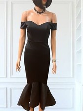 Black Evening Gown Structured Mermaid Hem Cap Sleeves Stretch Woven Satin Goth 6