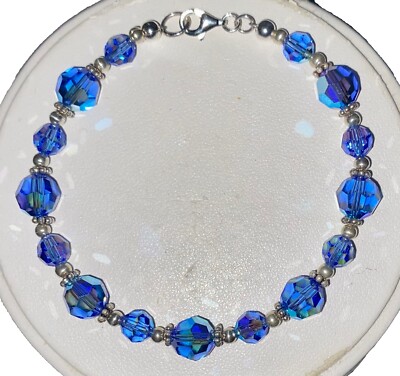 Handmade Sapphire Color Swarovski Elements And Sterling Silver Bracelet 7.25 