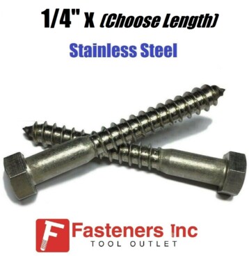 1/4'' Stainless Steel Lag Screws Hex Head Lag Bolts - Select Length & Pkg Qty