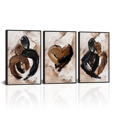 Abstract Heart Wall Art Set of 3, Modern Neutral Love Canvas Prints, Framed 1...