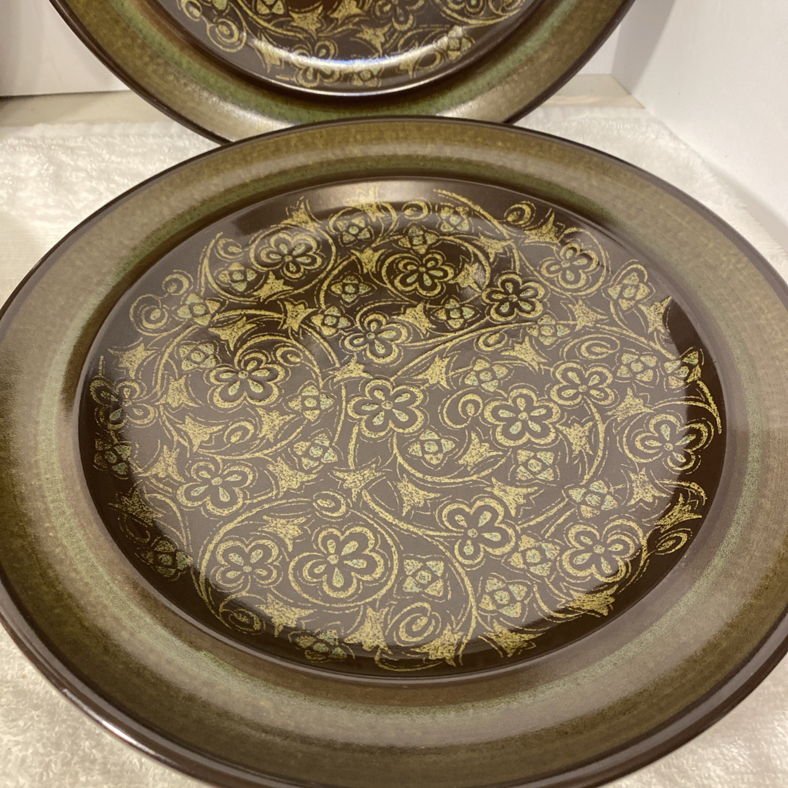 Set of 4 VTG Franciscan Madeira 10.5" Dinner Plates MCM Brown/Green Made in USA