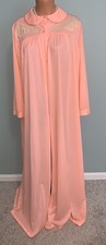 Vtg LONG Nylon Robe Sz L Bright Pink Ecru lace ILGWU Lounge USA