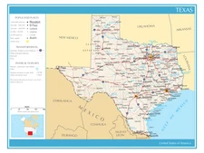 Map of the State of Texas United States of America Political Physical Poster